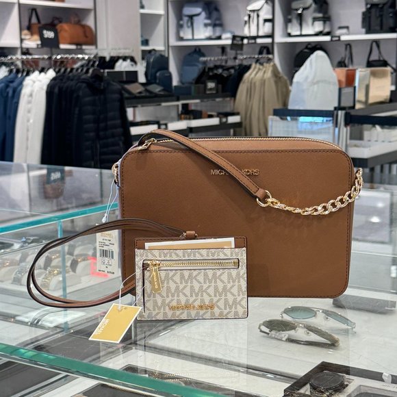 Michael Kors Jet Set Crossbody Bag Brown + Card Case Wallet Lanyard MK Vanilla - Picture 1 of 8